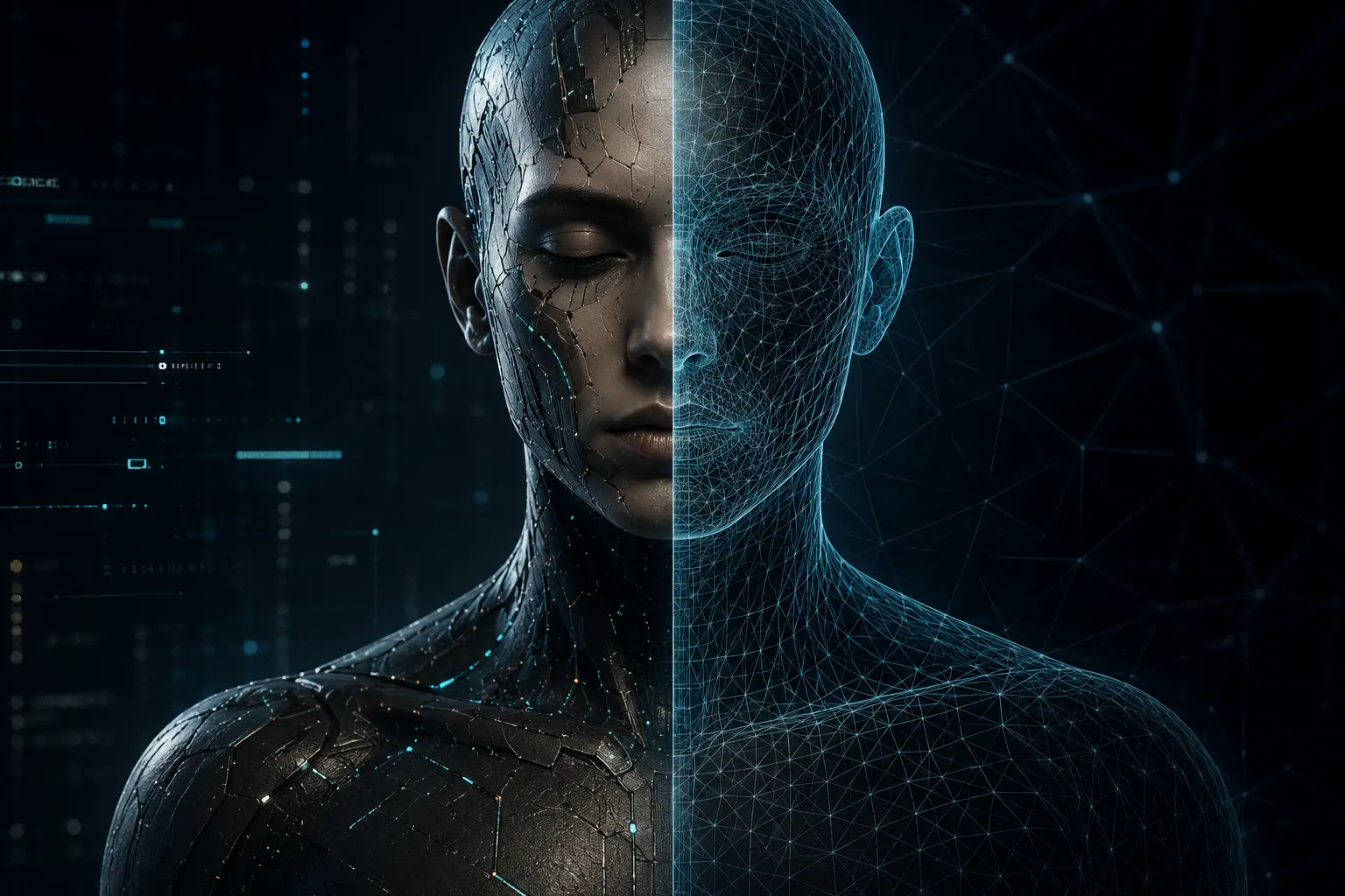 Abstract cyber human and digital mesh visualization